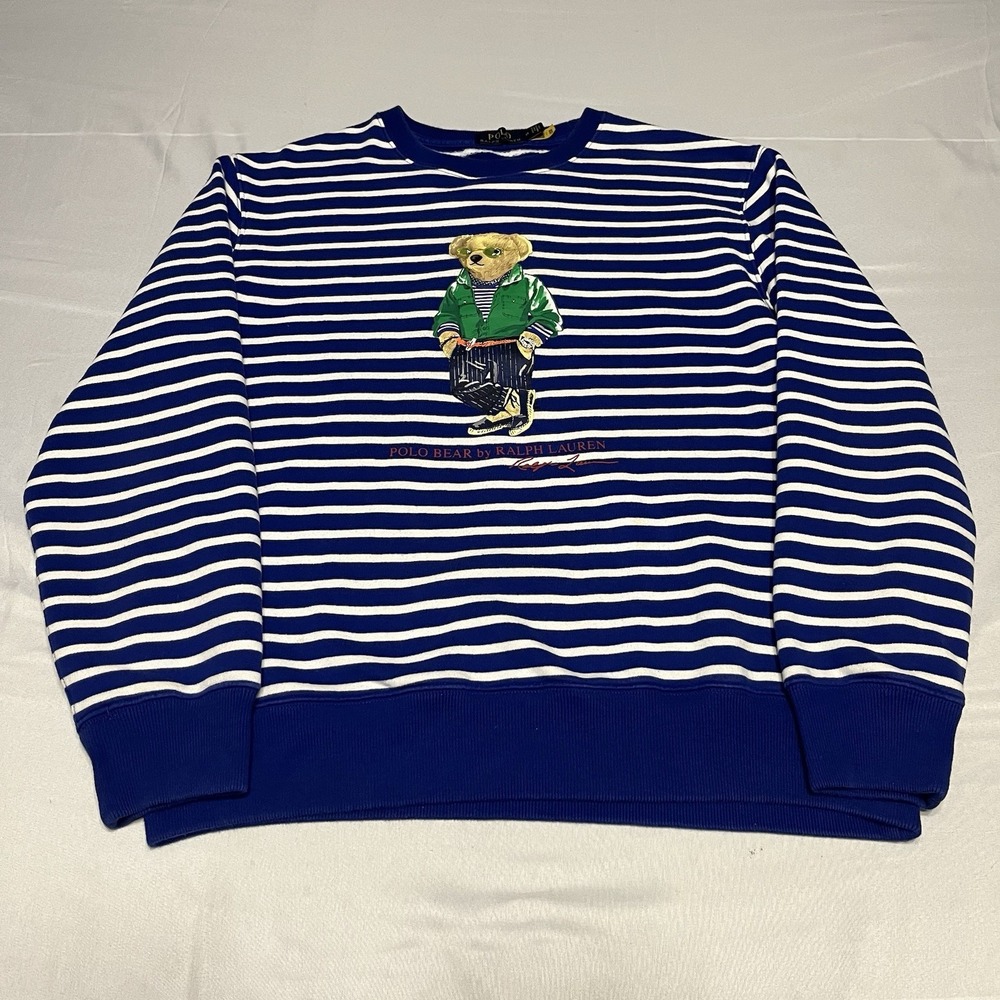 Ralph Lauren Polo Bear Striped Fleece Sweatshirt Men's M Royal Blue White